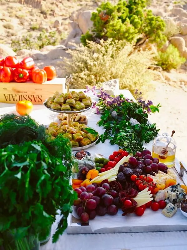 A lavish grazing table of grapes, cheeses, olives and fresh herbs outdoors in the desert