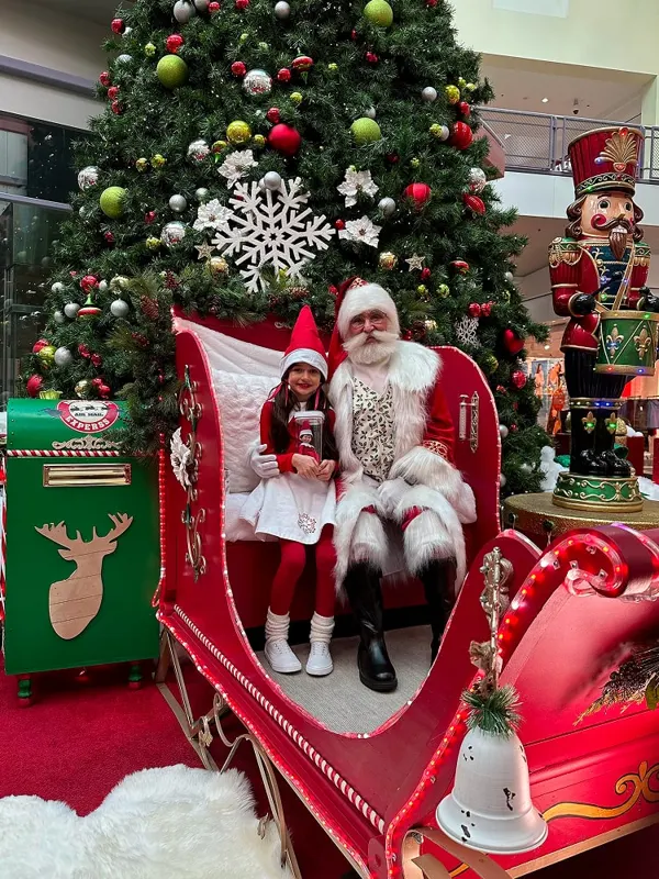 A holiday set with Santa and a child in a red sleigh beside a decorated Christmas tree