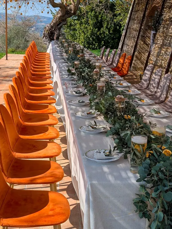 A long outdoor banquet with orange velvet chairs and a eucalyptus garland under olive trees